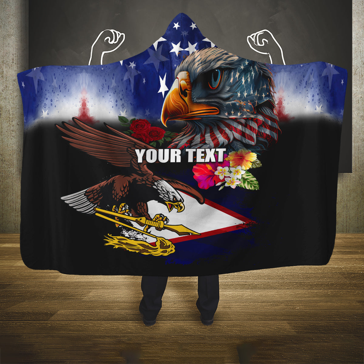 Personalised United States and American Samoa Hooded Blanket Bald Eagle Rose and Hibiscus Flower LT03 One Size Blue - Polynesian Pride
