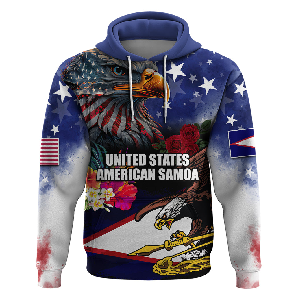 Personalised United States and American Samoa Hoodie Bald Eagle Rose and Hibiscus Flower LT03 Pullover Hoodie Blue - Polynesian Pride