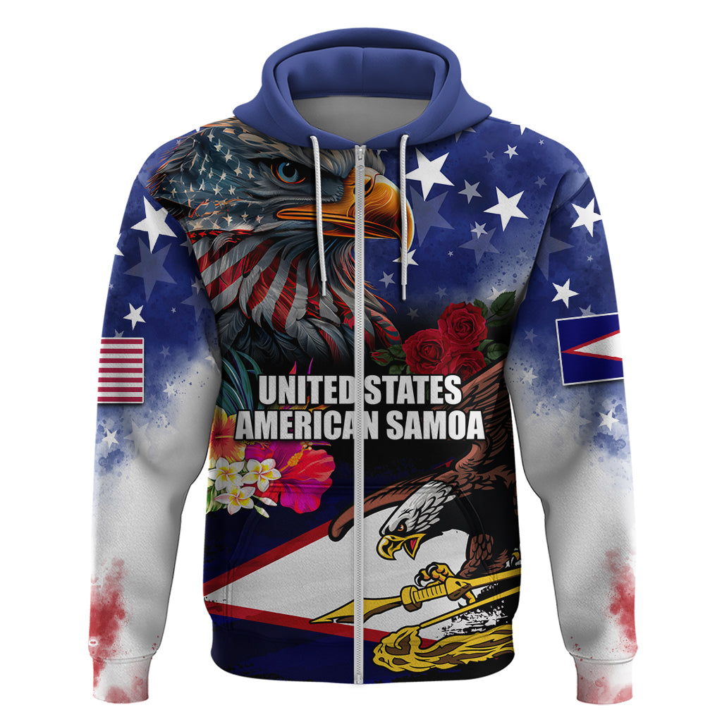 Personalised United States and American Samoa Hoodie Bald Eagle Rose and Hibiscus Flower LT03 Zip Hoodie Blue - Polynesian Pride