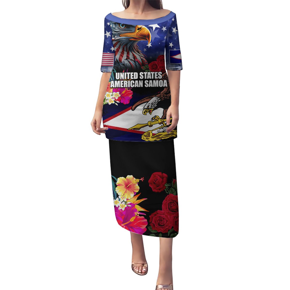 Personalised United States and American Samoa Puletasi Bald Eagle Rose and Hibiscus Flower LT03 Long Dress Blue - Polynesian Pride