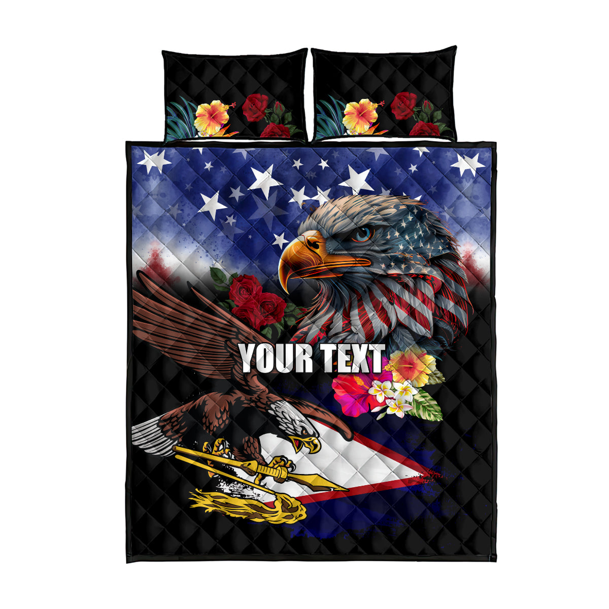 Personalised United States and American Samoa Quilt Bed Set Bald Eagle Rose and Hibiscus Flower