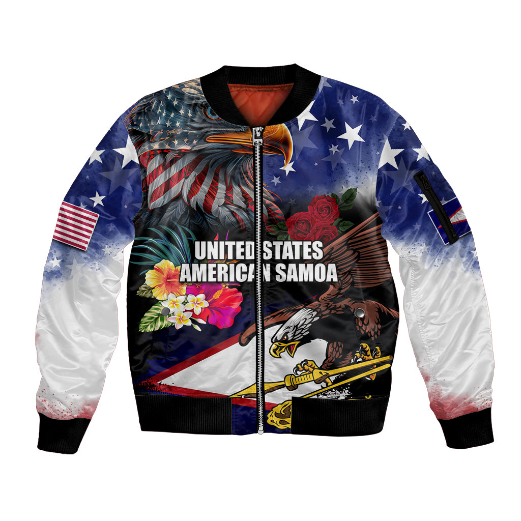 Personalised United States and American Samoa Sleeve Zip Bomber Jacket Bald Eagle Rose and Hibiscus Flower LT03 Unisex Blue - Polynesian Pride