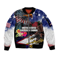 Personalised United States and American Samoa Sleeve Zip Bomber Jacket Bald Eagle Rose and Hibiscus Flower LT03 Unisex Blue - Polynesian Pride