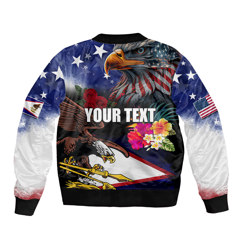 Personalised United States and American Samoa Sleeve Zip Bomber Jacket Bald Eagle Rose and Hibiscus Flower LT03 - Polynesian Pride