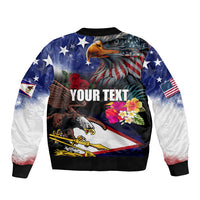 Personalised United States and American Samoa Sleeve Zip Bomber Jacket Bald Eagle Rose and Hibiscus Flower LT03 - Polynesian Pride