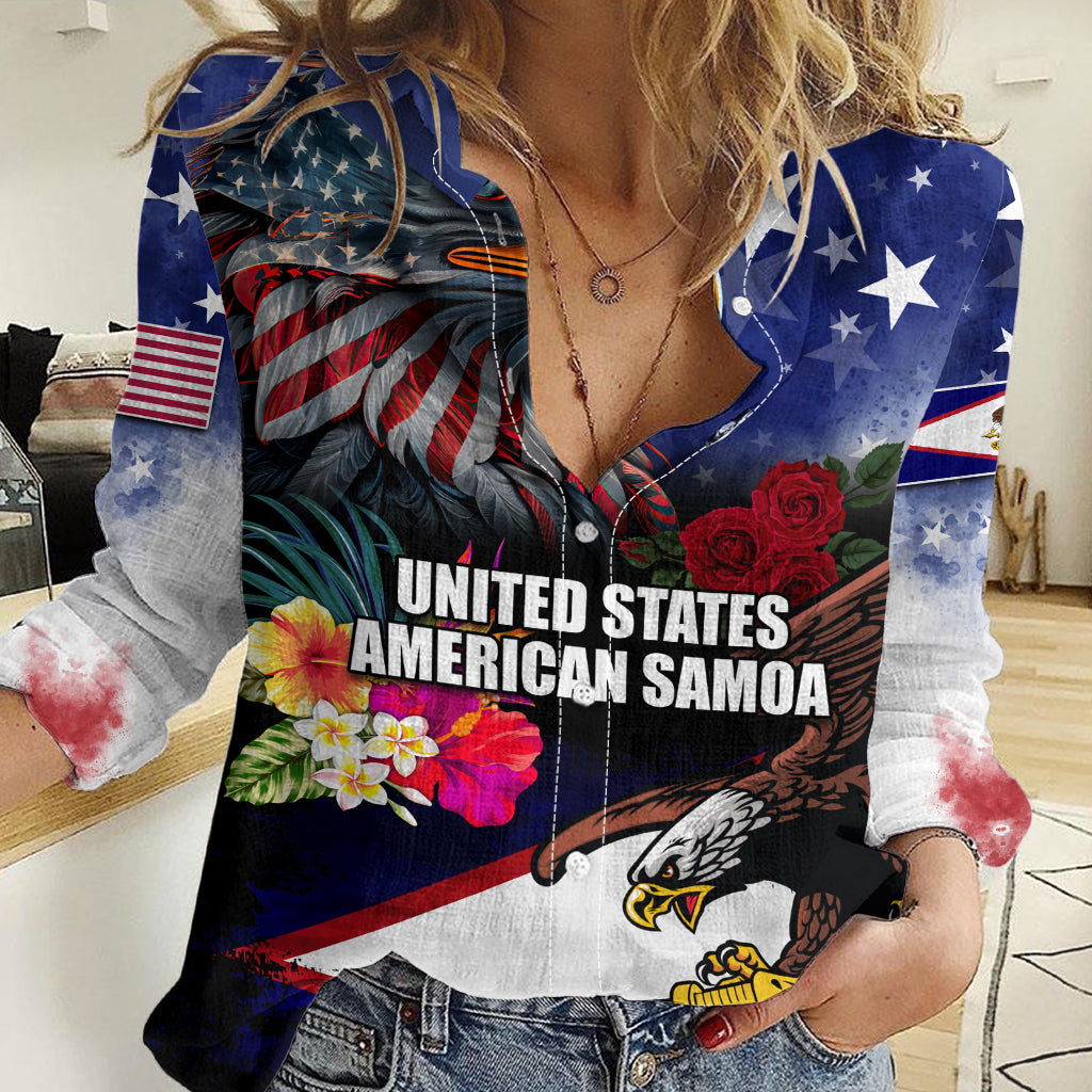 Personalised United States and American Samoa Women Casual Shirt Bald Eagle Rose and Hibiscus Flower LT03 Female Blue - Polynesian Pride