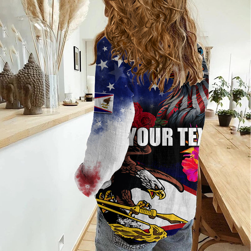 Personalised United States and American Samoa Women Casual Shirt Bald Eagle Rose and Hibiscus Flower LT03 - Polynesian Pride