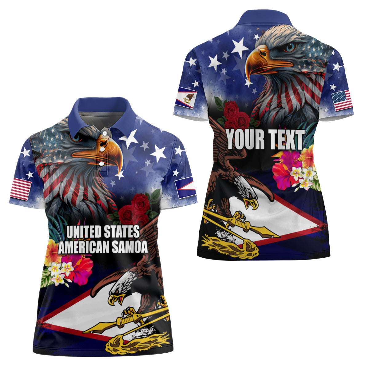 Personalised United States and American Samoa Women Polo Shirt Bald Eagle Rose and Hibiscus Flower LT03 - Polynesian Pride