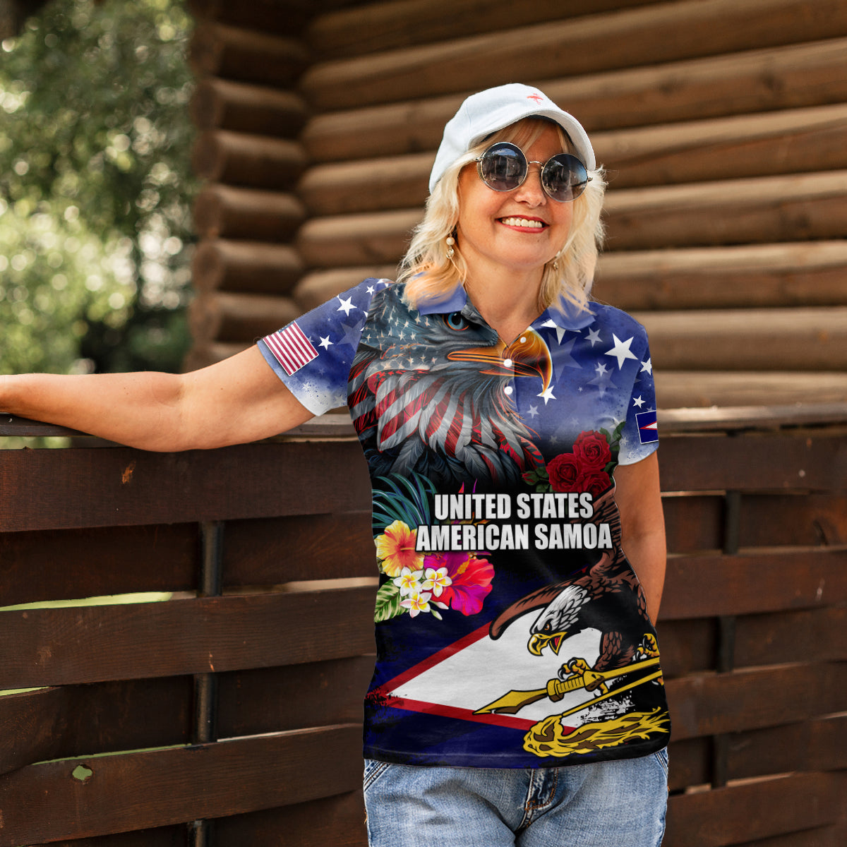 Personalised United States and American Samoa Women Polo Shirt Bald Eagle Rose and Hibiscus Flower LT03 - Polynesian Pride