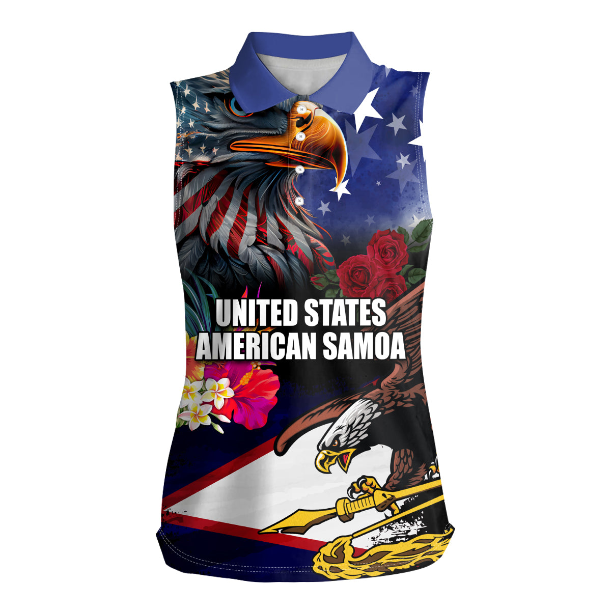 Personalised United States and American Samoa Women Sleeveless Polo Shirt Bald Eagle Rose and Hibiscus Flower LT03 Female Blue - Polynesian Pride