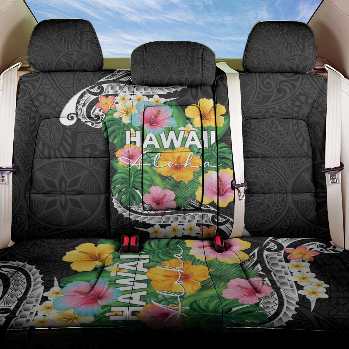 Hawaii Aloha Tropical Leaves and Flower Back Car Seat Cover with Polynesian Art Tattoo Black Color LT03 One Size Black - Polynesian Pride
