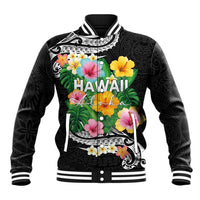 Hawaii Aloha Tropical Leaves and Flower Baseball Jacket with Polynesian Art Tattoo Black Color LT03 Unisex Black - Polynesian Pride