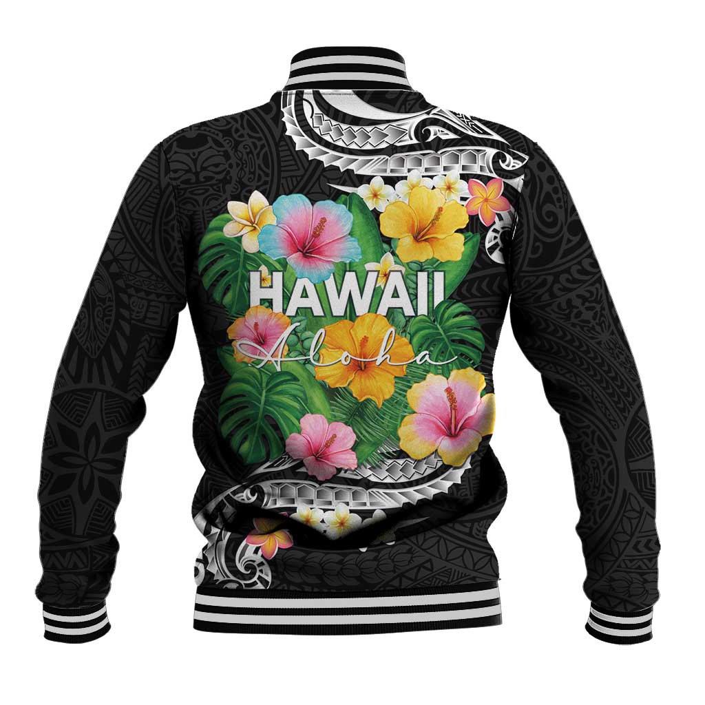 Hawaii Aloha Tropical Leaves and Flower Baseball Jacket with Polynesian Art Tattoo Black Color LT03 - Polynesian Pride