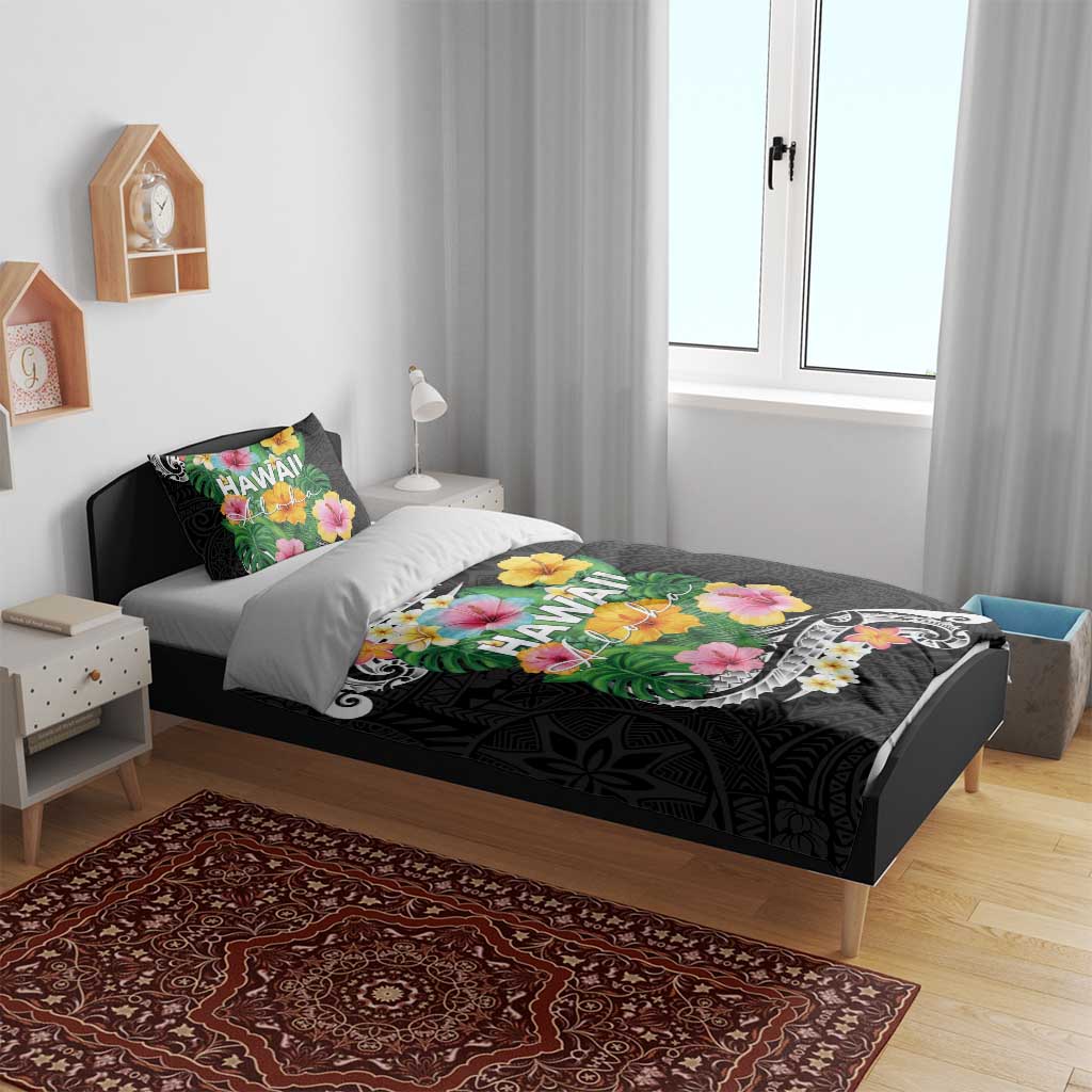 Hawaii Aloha Tropical Leaves and Flower Bedding Set with Polynesian Art Tattoo Black Color - Polynesian Pride