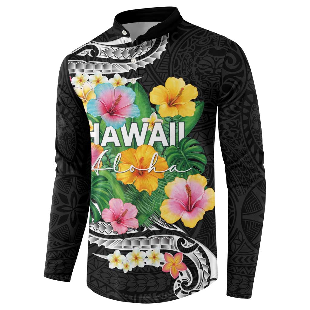 Hawaii Aloha Tropical Leaves and Flower Button Sweatshirt with Polynesian Art Tattoo Black Color - Polynesian Pride