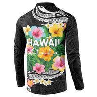 Hawaii Aloha Tropical Leaves and Flower Button Sweatshirt with Polynesian Art Tattoo Black Color - Polynesian Pride