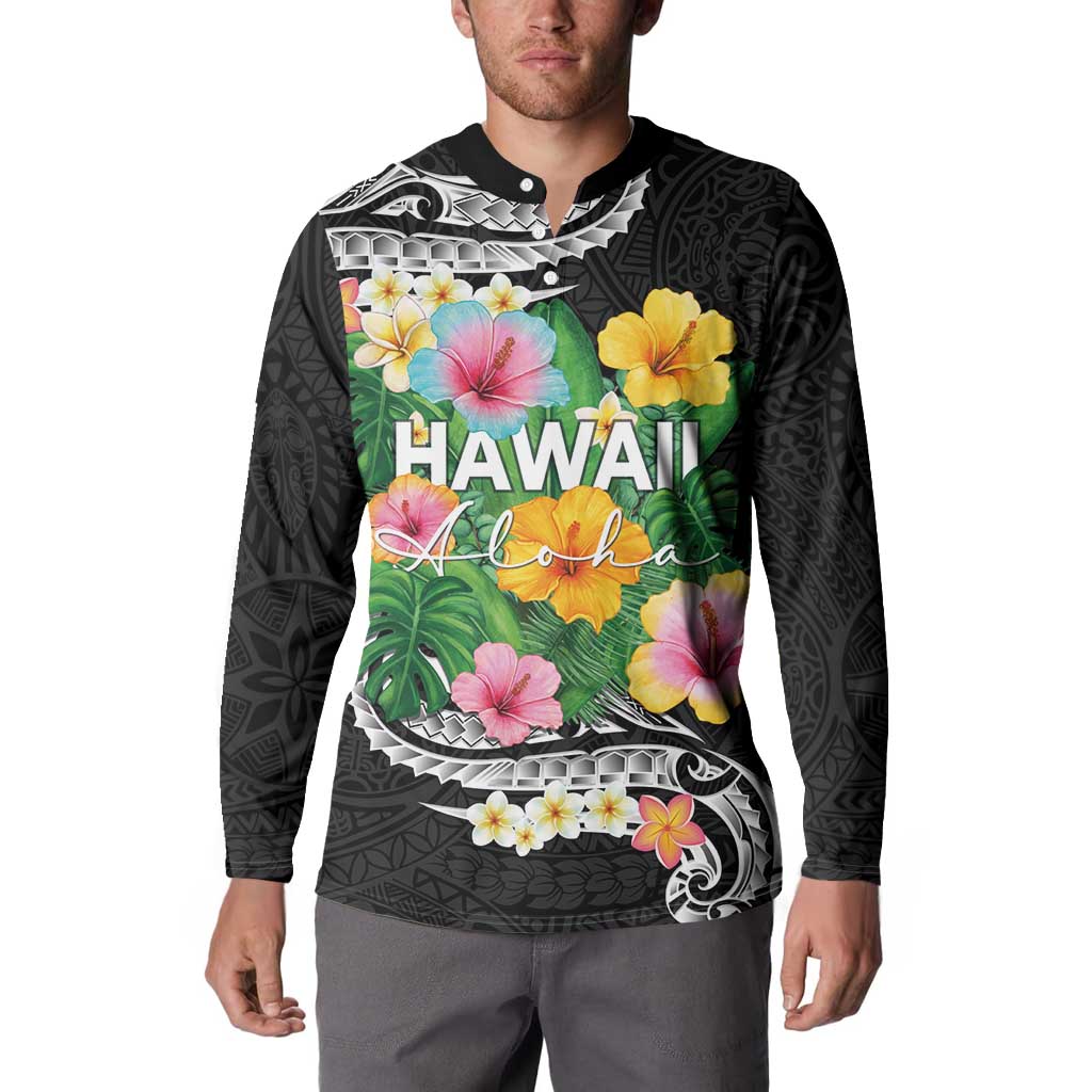 Hawaii Aloha Tropical Leaves and Flower Button Sweatshirt with Polynesian Art Tattoo Black Color - Polynesian Pride