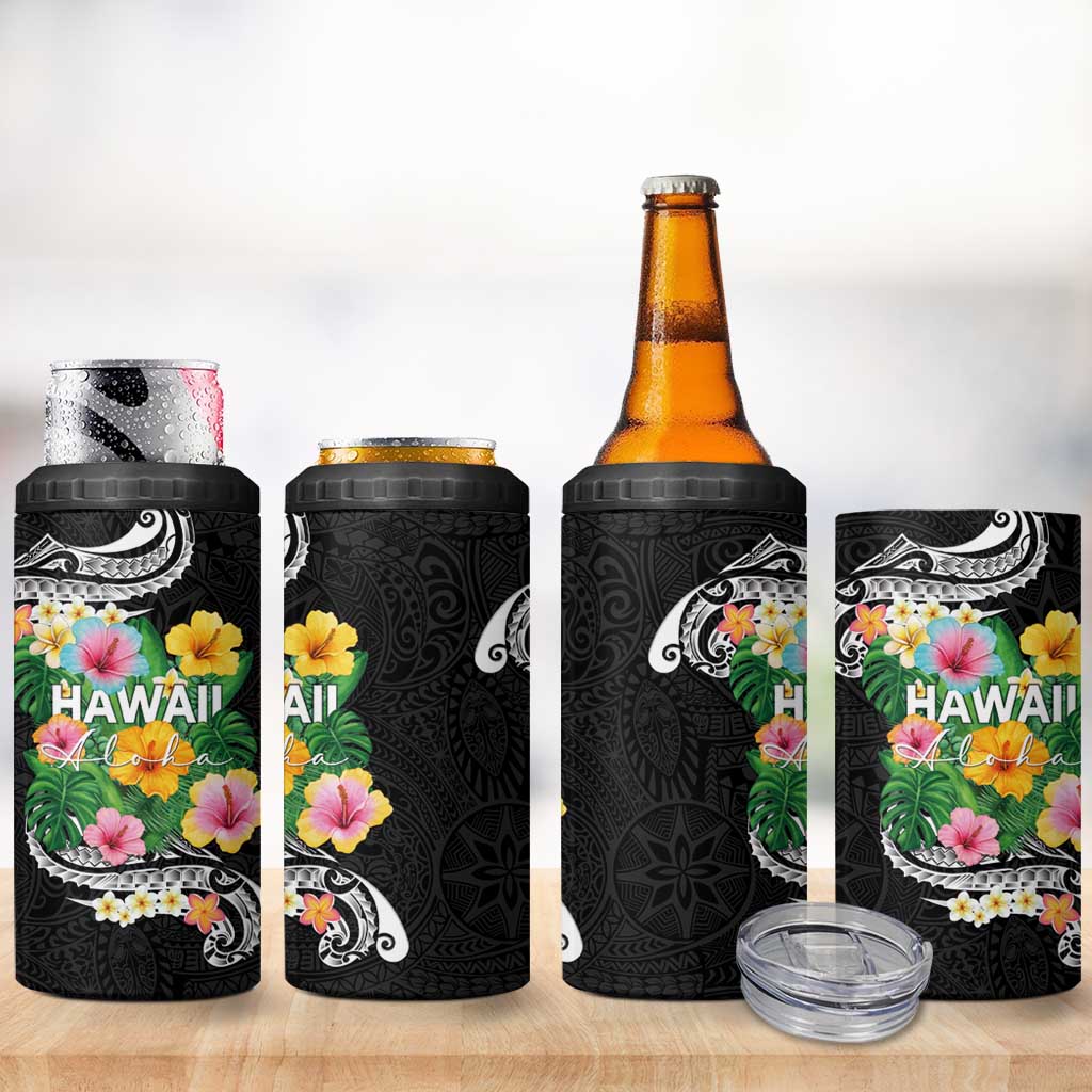 Hawaii Aloha Tropical Leaves and Flower 4 in 1 Can Cooler Tumbler with Polynesian Art Tattoo Black Color LT03 - Polynesian Pride