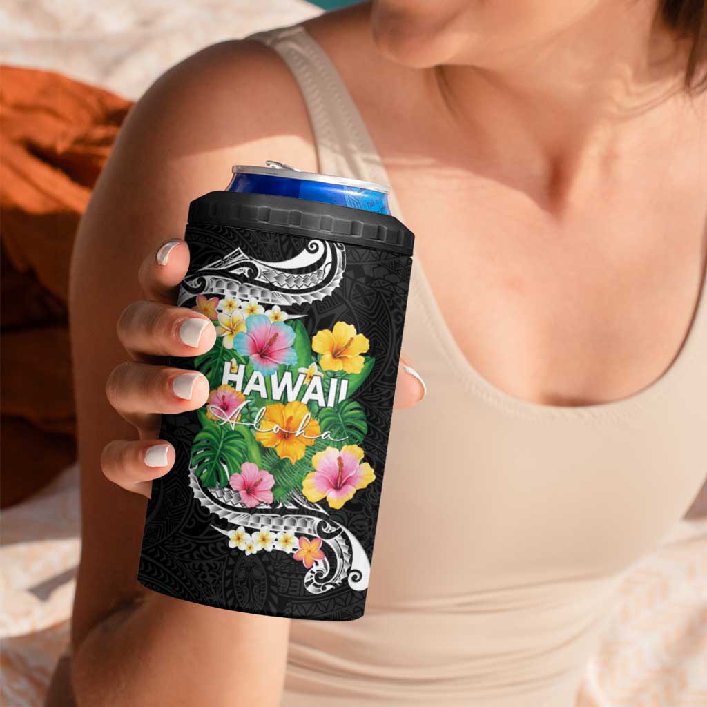 Hawaii Aloha Tropical Leaves and Flower 4 in 1 Can Cooler Tumbler with Polynesian Art Tattoo Black Color LT03 - Polynesian Pride