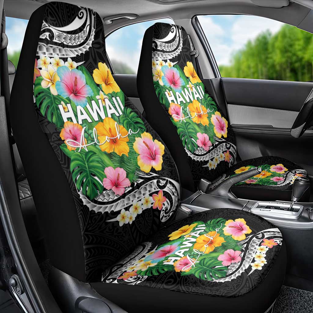 Hawaii Aloha Tropical Leaves and Flower Car Seat Cover with Polynesian Art Tattoo Black Color LT03 - Polynesian Pride
