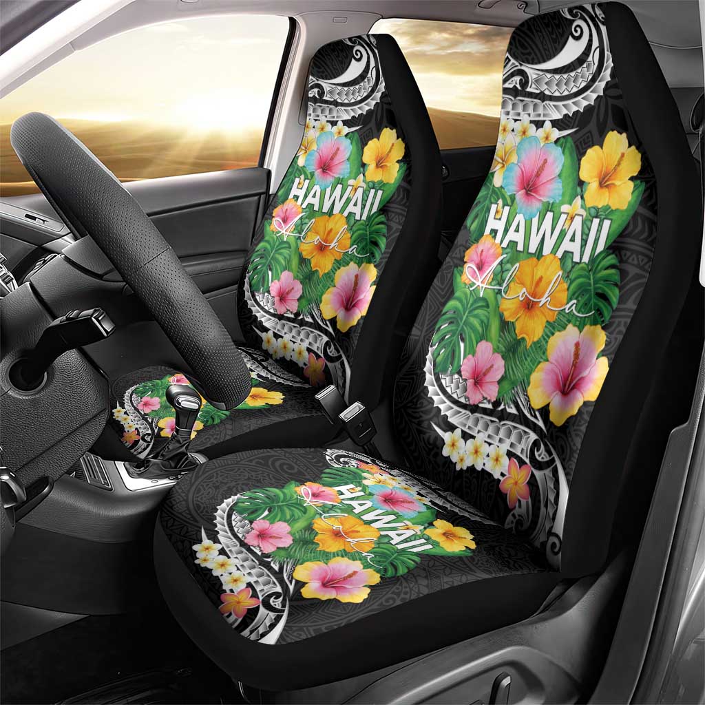 Hawaii Aloha Tropical Leaves and Flower Car Seat Cover with Polynesian Art Tattoo Black Color LT03 - Polynesian Pride
