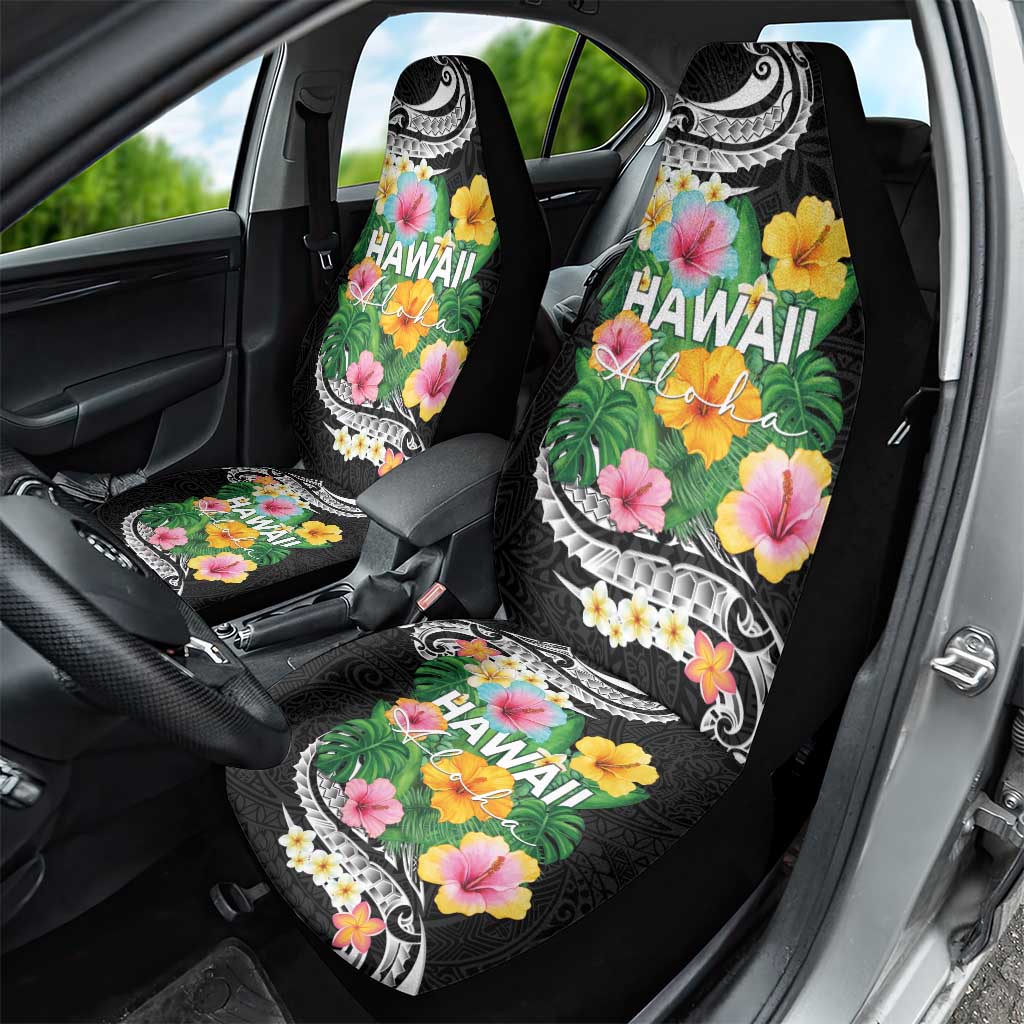 Hawaii Aloha Tropical Leaves and Flower Car Seat Cover with Polynesian Art Tattoo Black Color LT03 - Polynesian Pride