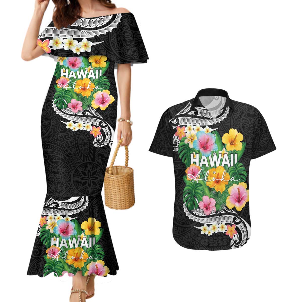 Hawaii Aloha Tropical Leaves and Flower Couples Matching Mermaid Dress and Hawaiian Shirt with Polynesian Art Tattoo Black Color - Polynesian Pride