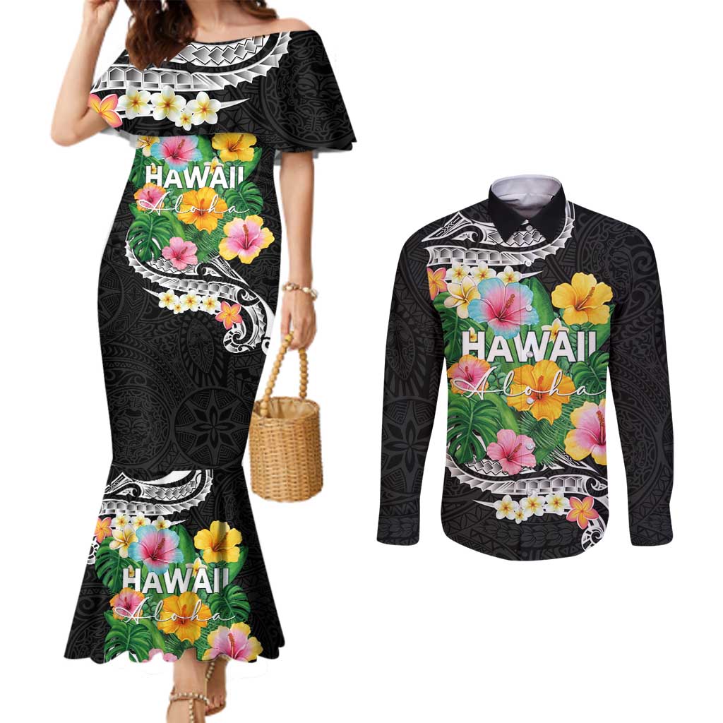 Hawaii Aloha Tropical Leaves and Flower Couples Matching Mermaid Dress and Long Sleeve Button Shirt with Polynesian Art Tattoo Black Color - Polynesian Pride