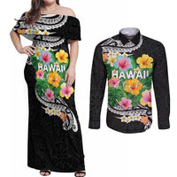 Hawaii Aloha Tropical Leaves and Flower Couples Matching Off Shoulder Maxi Dress and Long Sleeve Button Shirt with Polynesian Art Tattoo Black Color - Polynesian Pride