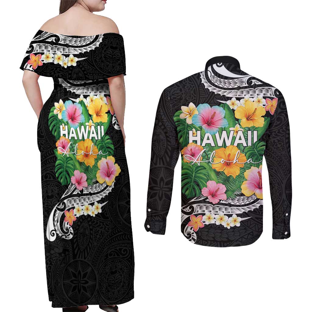 Hawaii Aloha Tropical Leaves and Flower Couples Matching Off Shoulder Maxi Dress and Long Sleeve Button Shirt with Polynesian Art Tattoo Black Color - Polynesian Pride
