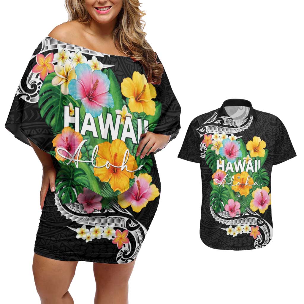 Hawaii Aloha Tropical Leaves and Flower Couples Matching Off Shoulder Short Dress and Hawaiian Shirt with Polynesian Art Tattoo Black Color - Polynesian Pride