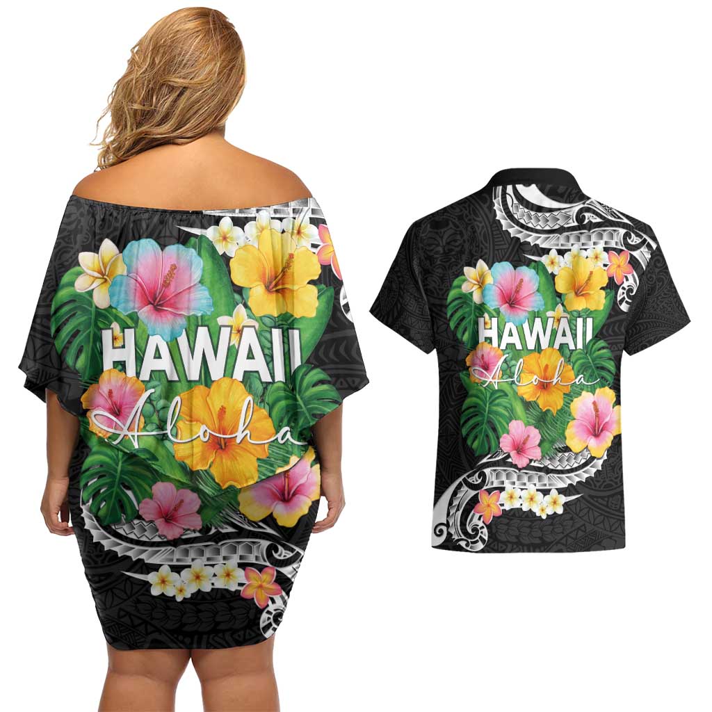 Hawaii Aloha Tropical Leaves and Flower Couples Matching Off Shoulder Short Dress and Hawaiian Shirt with Polynesian Art Tattoo Black Color - Polynesian Pride