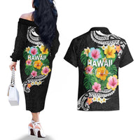 Hawaii Aloha Tropical Leaves and Flower Couples Matching Off The Shoulder Long Sleeve Dress and Hawaiian Shirt with Polynesian Art Tattoo Black Color - Polynesian Pride