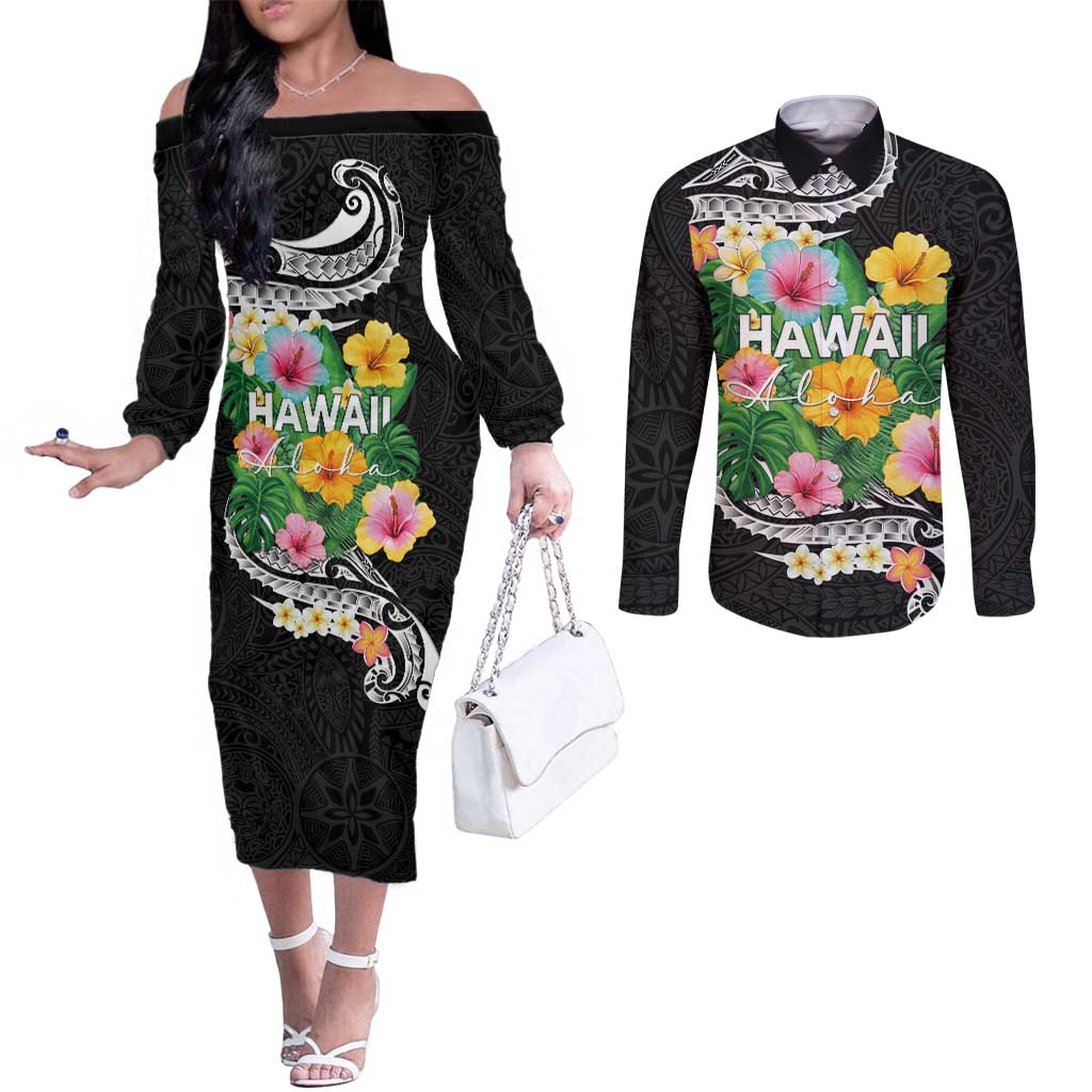 Hawaii Aloha Tropical Leaves and Flower Couples Matching Off The Shoulder Long Sleeve Dress and Long Sleeve Button Shirt with Polynesian Art Tattoo Black Color - Polynesian Pride