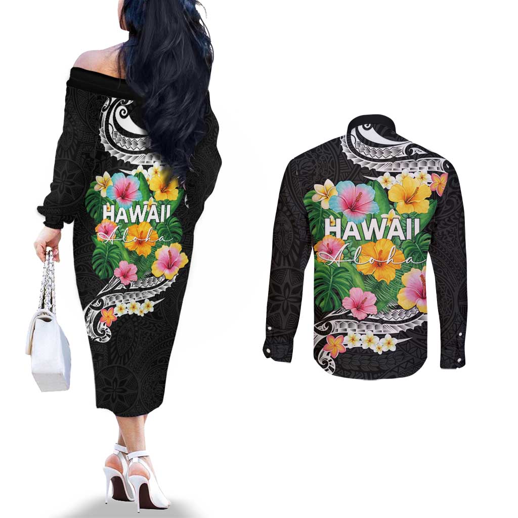 Hawaii Aloha Tropical Leaves and Flower Couples Matching Off The Shoulder Long Sleeve Dress and Long Sleeve Button Shirt with Polynesian Art Tattoo Black Color - Polynesian Pride