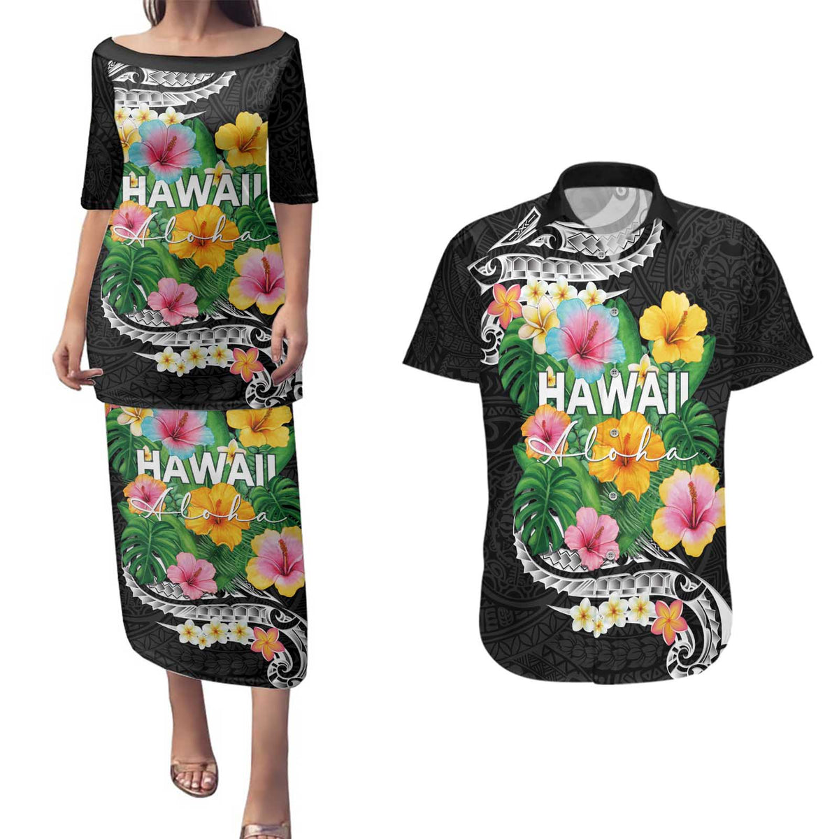 Hawaii Aloha Tropical Leaves and Flower Couples Matching Puletasi and Hawaiian Shirt with Polynesian Art Tattoo Black Color LT03 Black - Polynesian Pride