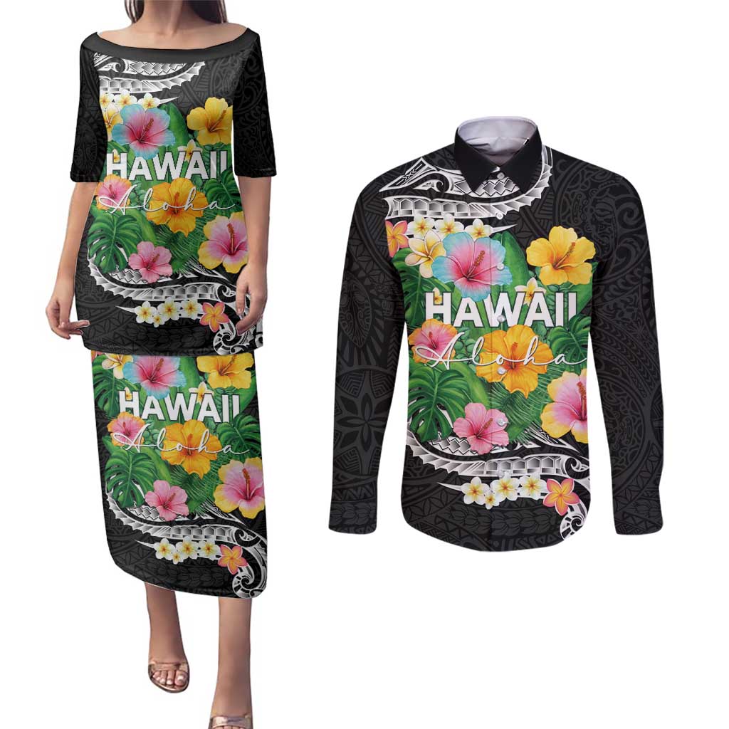 Hawaii Aloha Tropical Leaves and Flower Couples Matching Puletasi and Long Sleeve Button Shirt with Polynesian Art Tattoo Black Color LT03 Black - Polynesian Pride
