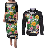Hawaii Aloha Tropical Leaves and Flower Couples Matching Puletasi and Long Sleeve Button Shirt with Polynesian Art Tattoo Black Color LT03 Black - Polynesian Pride