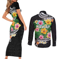 Hawaii Aloha Tropical Leaves and Flower Couples Matching Short Sleeve Bodycon Dress and Long Sleeve Button Shirt with Polynesian Art Tattoo Black Color - Polynesian Pride