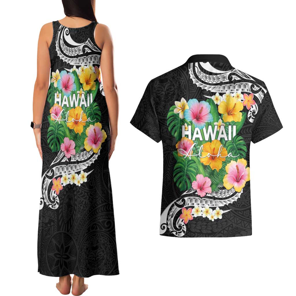 Hawaii Aloha Tropical Leaves and Flower Couples Matching Tank Maxi Dress and Hawaiian Shirt with Polynesian Art Tattoo Black Color - Polynesian Pride