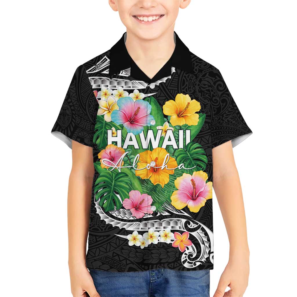 Hawaii Aloha Tropical Leaves and Flower Family Matching Long Sleeve Bodycon Dress and Hawaiian Shirt with Polynesian Art Tattoo Black Color LT03 Son's Shirt Black - Polynesian Pride