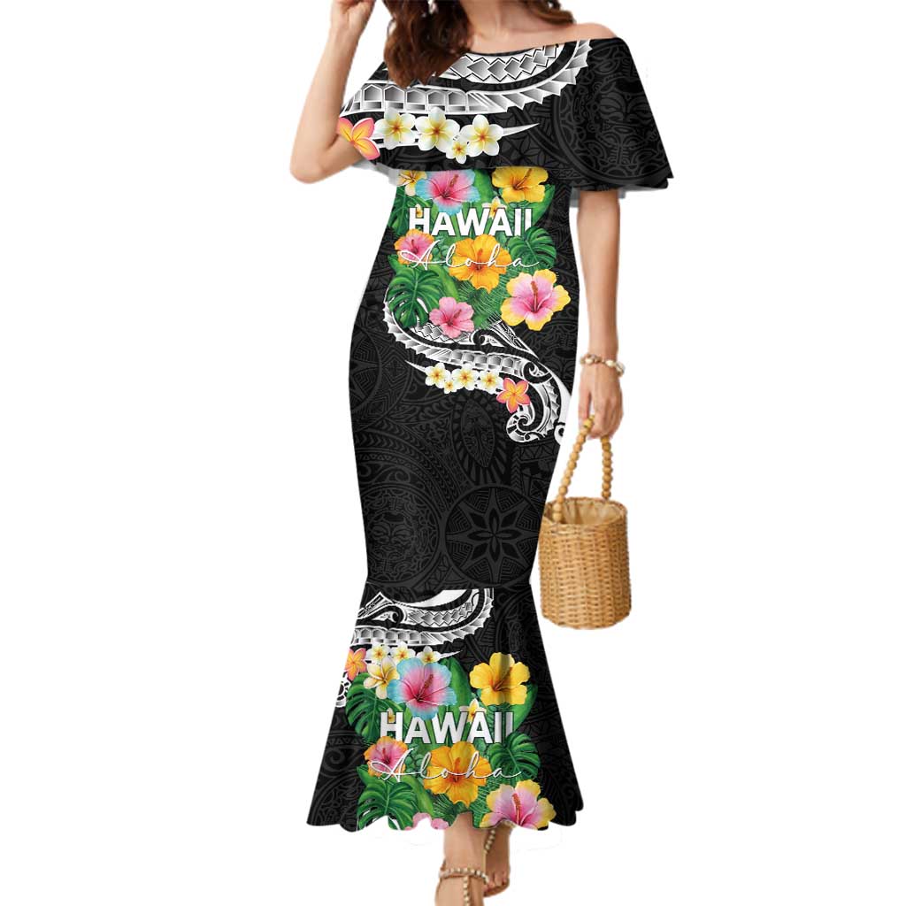 Hawaii Aloha Tropical Leaves and Flower Family Matching Mermaid Dress and Hawaiian Shirt with Polynesian Art Tattoo Black Color - Polynesian Pride