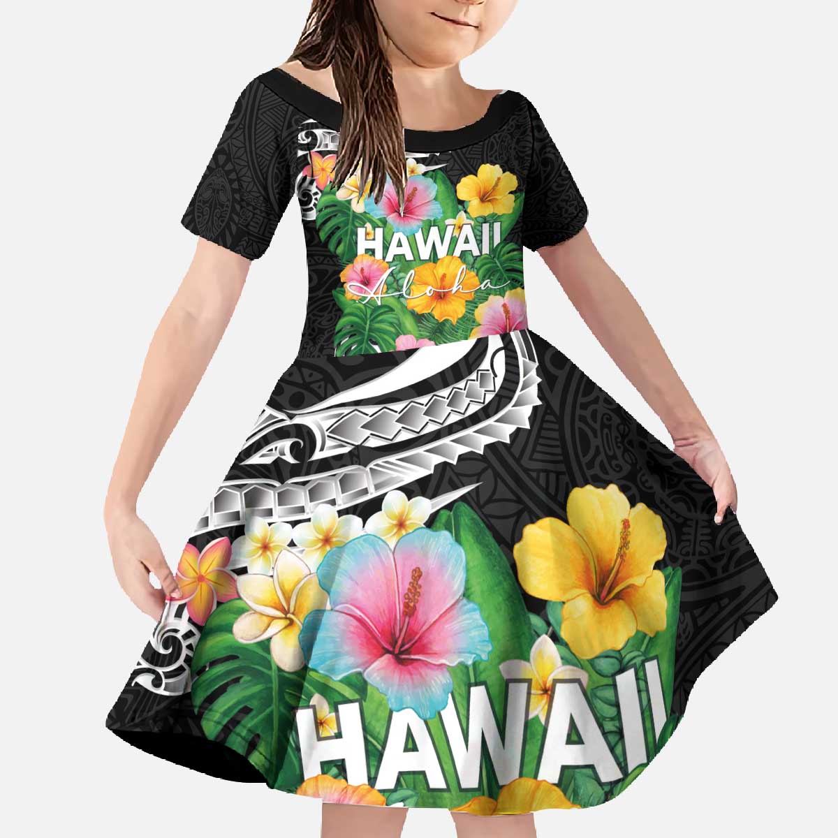 Hawaii Aloha Tropical Leaves and Flower Family Matching Off The Shoulder Long Sleeve Dress and Hawaiian Shirt with Polynesian Art Tattoo Black Color - Polynesian Pride