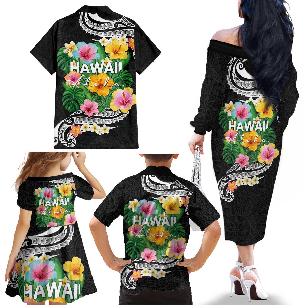 Hawaii Aloha Tropical Leaves and Flower Family Matching Off The Shoulder Long Sleeve Dress and Hawaiian Shirt with Polynesian Art Tattoo Black Color - Polynesian Pride