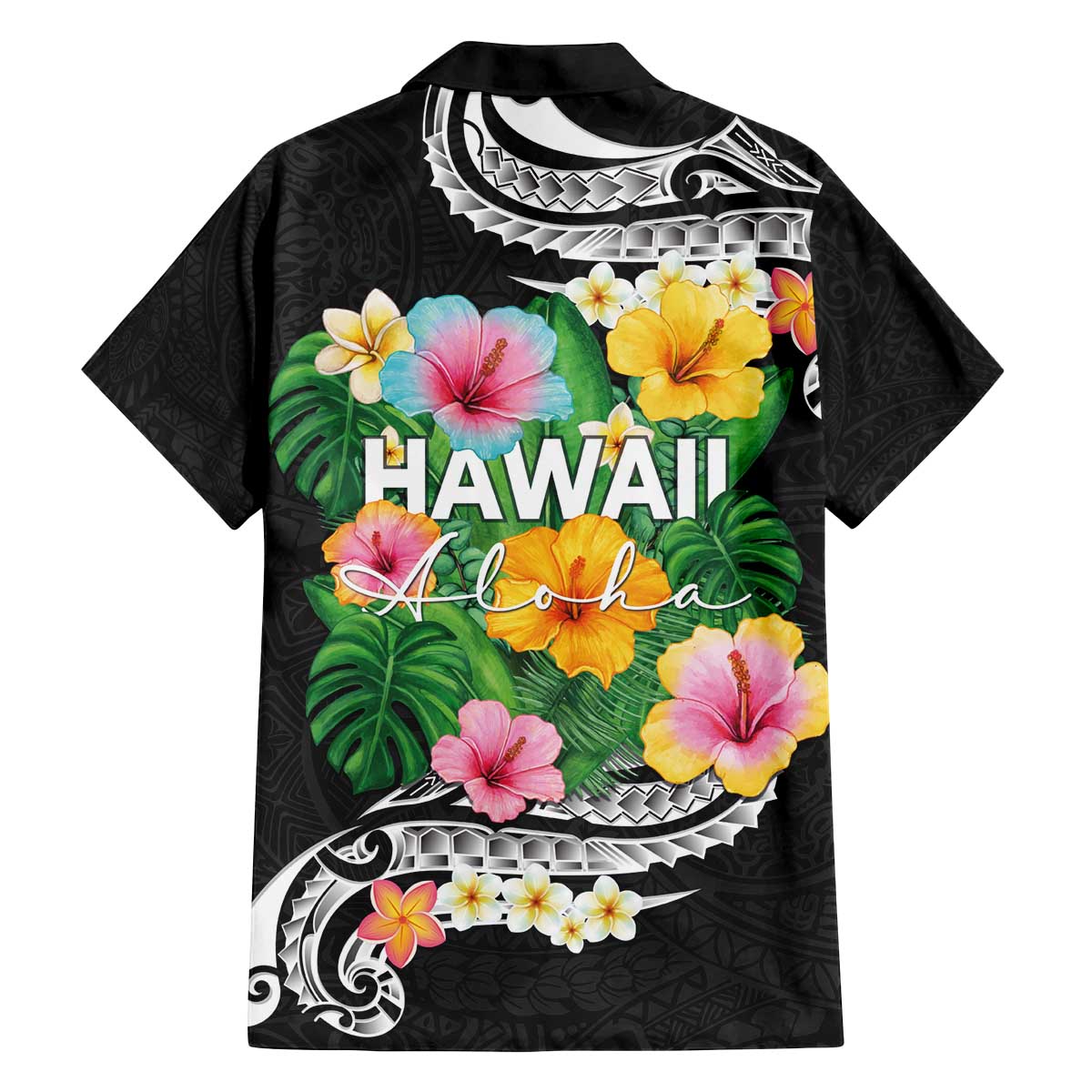 Hawaii Aloha Tropical Leaves and Flower Family Matching Off The Shoulder Long Sleeve Dress and Hawaiian Shirt with Polynesian Art Tattoo Black Color - Polynesian Pride
