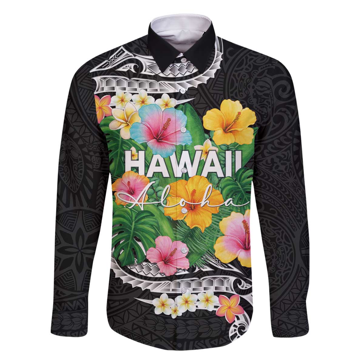 Hawaii Aloha Tropical Leaves and Flower Family Matching Off The Shoulder Long Sleeve Dress and Hawaiian Shirt with Polynesian Art Tattoo Black Color - Polynesian Pride
