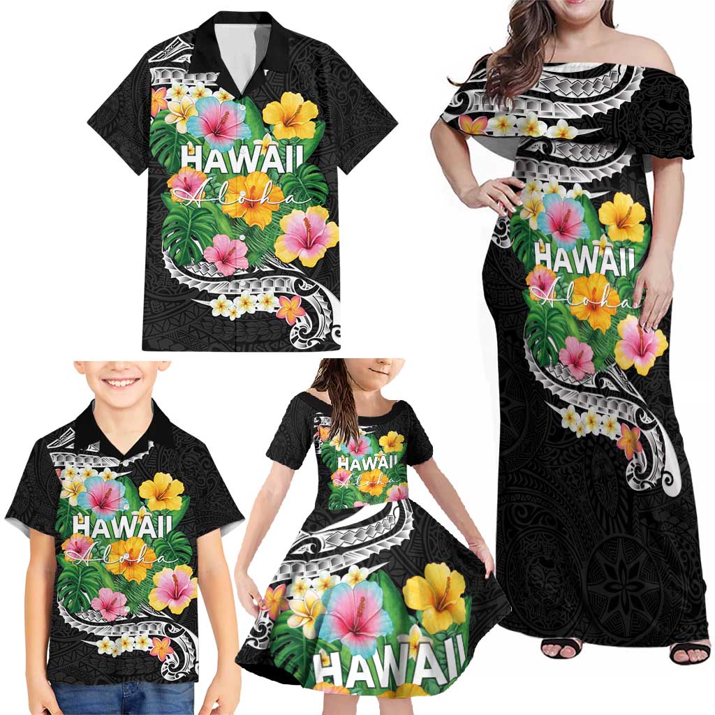 Hawaii Aloha Tropical Leaves and Flower Family Matching Off Shoulder Maxi Dress and Hawaiian Shirt with Polynesian Art Tattoo Black Color - Polynesian Pride