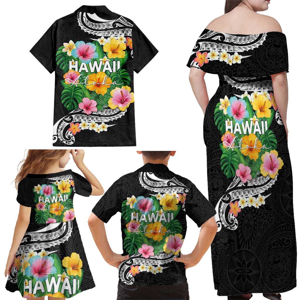 Hawaii Aloha Tropical Leaves and Flower Family Matching Off Shoulder Maxi Dress and Hawaiian Shirt with Polynesian Art Tattoo Black Color LT03 - Polynesian Pride