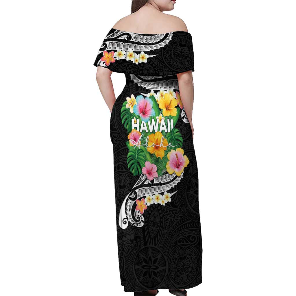 Hawaii Aloha Tropical Leaves and Flower Family Matching Off Shoulder Maxi Dress and Hawaiian Shirt with Polynesian Art Tattoo Black Color LT03 - Polynesian Pride