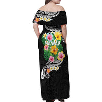 Hawaii Aloha Tropical Leaves and Flower Family Matching Off Shoulder Maxi Dress and Hawaiian Shirt with Polynesian Art Tattoo Black Color LT03 - Polynesian Pride
